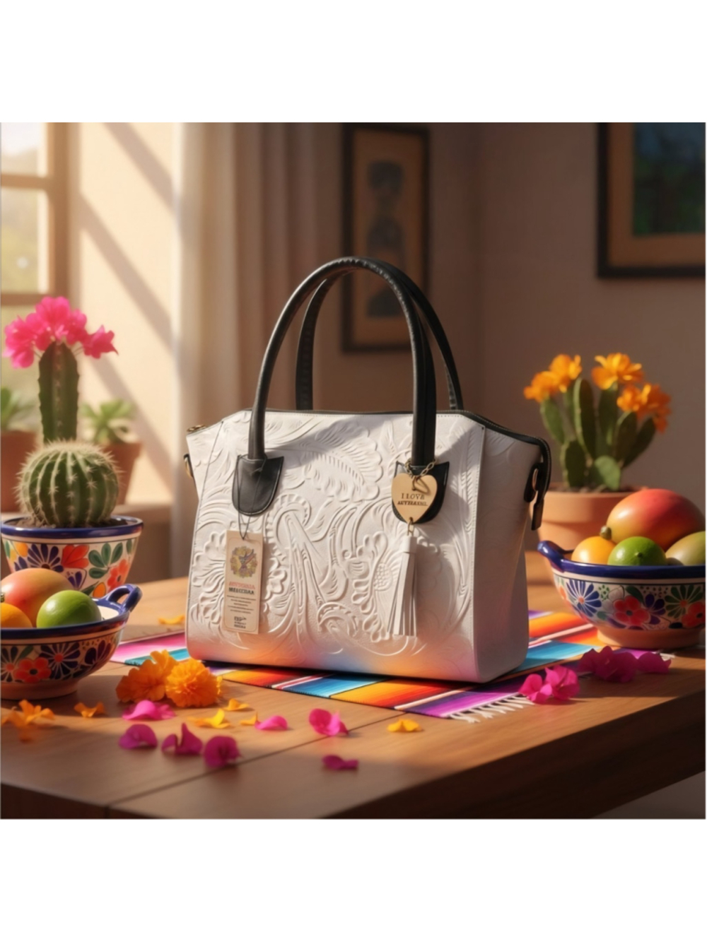 Black and White Embossed Tooled Artisan LEATHER Bag Purse Bolsa Artesanal Mexico - Picture 14 of 14